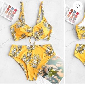 ZAFUL Cinched Leaf Print Lace Up Tankini Swimsuit